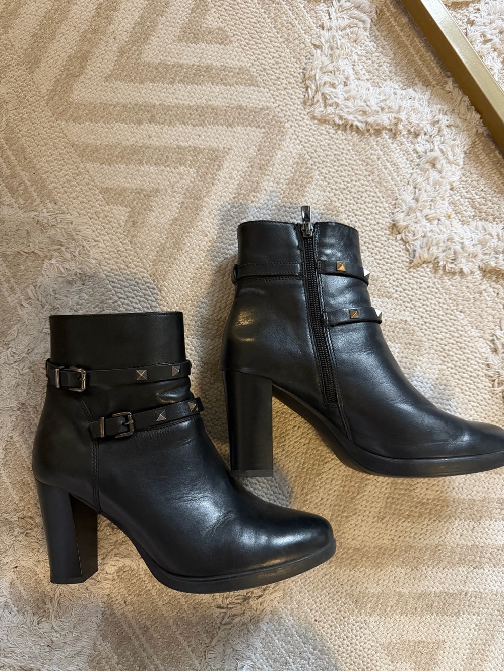 Black Leather High Heel Ankle Boots with Studded Straps